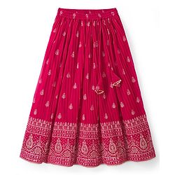 Pine Kids Woven Half Sleeves Floral Embroidered Choli Lehenga Set With Dupatta - Dark Pink