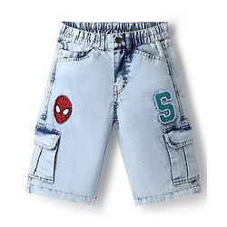 Pine Kids Marvel Denim Above Knee Length Cargo Short With Spider Man Graphic & Badge Detailing - Light Blue