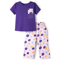 Pine Kids Cotton Knit Half Sleeves T-Shirt & Capri Night-Suit With Floral Print - Violet