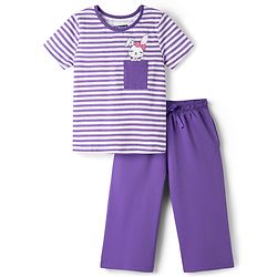 Pine Kids Cotton Knit Half Sleeves T-Shirt & Capri Striped Night Suit With Bunny Print - Purple & White