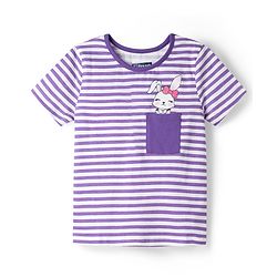 Pine Kids Cotton Knit Half Sleeves T-Shirt & Capri Striped Night Suit With Bunny Print - Purple & White