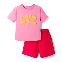 Pine Kids Cotton Knit Half Sleeves Top & Shorts Set With Text Print - Pink & Red