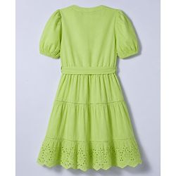 Pine Kids 100% Cotton Woven Half Sleeves Tiered Frock With Belt - Lime Green