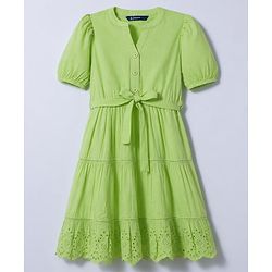 Pine Kids 100% Cotton Woven Half Sleeves Tiered Frock With Belt - Lime Green