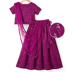Pine Kids Woven Half Sleeves Lehenga Choli Set with Sequin Detailing & Dupatta - Violet