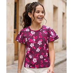Pine Kids Cotton Knit Half Flutter Top with Floral Print - Multicolor