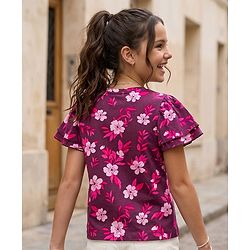 Pine Kids Cotton Knit Half Flutter Top with Floral Print - Multicolor