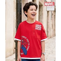Pine Kids Marvel Cotton Knit Drop Shoulder Half Sleeves T-Shirt with Spiderman Graphic - Red