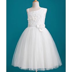 Pine Kids Mesh Woven Sleeveless Party Dress with Floral Embroidery & Applique - White