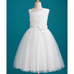 Pine Kids Mesh Woven Sleeveless Party Dress with Floral Embroidery & Applique - White