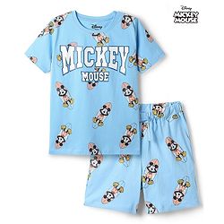 Pine Kids Disney Single Jersey Knit Half sleeves T-shirts & Shorts Night Suit With Mickey Mouse Print - Light Blue