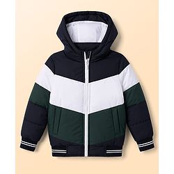 Pine Kids Woven Full Sleeves Hooded Padded Jacket - White & Green