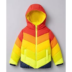Pine Kids Woven Full Sleeves Hooded Padded Jacket with Colour Block Design - Red & Yellow