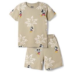 Pine Kids Disney Single Jersey Knit Half sleeves Co-Ords T-Shirt & Shorts Nightsuit with Micky Mouse Graphics - Brown