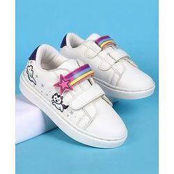 Pine Kids Velcro Closure Casual Shoes With Star Applique & Cat Print - Pink