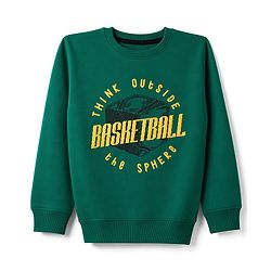 Pine Kids Cotton Knit Sweatshirt with Full Sleeves and Basketball Text Print - Green