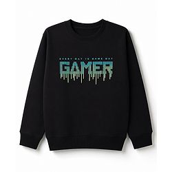 Pine Kids Cotton Knit Sweatshirt with Full Sleeves and Gamer Text Print - Black