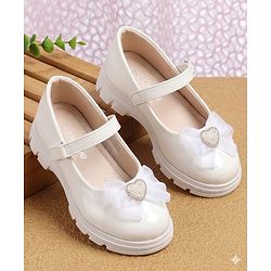 Pine Kids Velcro Closure Ballerina With Bow & Hearts Applique - White