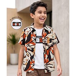 Pine Kids Cotton Woven Half Sleeves Printed Shirt & Sleeveless T-Shirt With Text Print - Multicolor