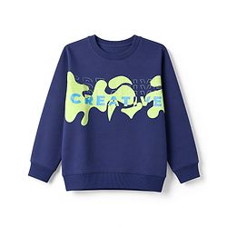 Pine Kids Cotton Knit Sweatshirt With Full Sleeves and Creative Text Print - Navy Blue