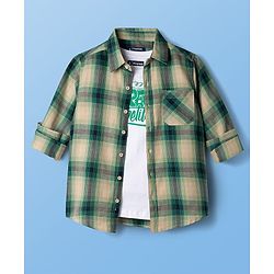 Pine Kids Cotton Woven Full Sleeves Checks Shirt & Printed T-Shirt - Green