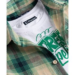 Pine Kids Cotton Woven Full Sleeves Checks Shirt & Printed T-Shirt - Green