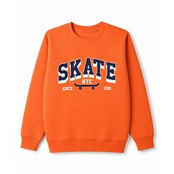 Pine Kids Cotton Knit Sweatshirt with Full Sleeves and Skate Text Print - Orange