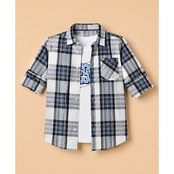 Pine Kids 100% Cotton Woven Half Sleeves Checked Shirt and T-Shirt with Blessed Text Print in Blue