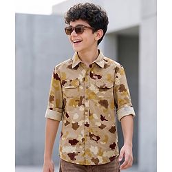 Pine Kids Cotton Woven Full Sleeves Shirt With Camouflage Print - Brown