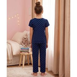 Pine Kids Cotton Knit Half Sleeves Polka Dots & Text Printed T-Shirt & Pyjama Night Suit - Navy Blue