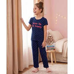 Pine Kids Cotton Knit Half Sleeves Polka Dots & Text Printed T-Shirt & Pyjama Night Suit - Navy Blue