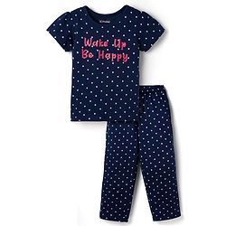 Pine Kids Cotton Knit Half Sleeves Polka Dots & Text Printed T-Shirt & Pyjama Night Suit - Navy Blue