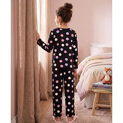 Pine Kids Cotton Knit Full Sleeves Polka Dots Printed Co-Ords T-Shirt & Pyjama Night Suit - Black