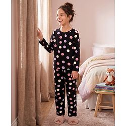 Pine Kids Cotton Knit Full Sleeves Polka Dots Printed Co-Ords T-Shirt & Pyjama Night Suit - Black