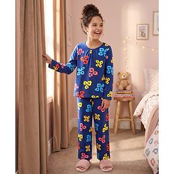 Pine Kids Cotton Knit Full Sleeves T-Shirt & Pyjama Co-ord Night Suit with Leopard Print - Navy Blue