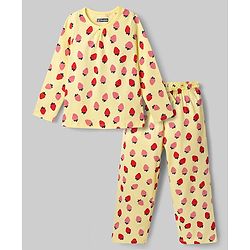 Pine Kids Cotton Knit Full Sleeves Top & Pyjama Co-ord Night Suit with Strawberry Print - Yellow