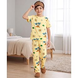 Pine Kids Cotton Knit Half Sleeves T-Shirt & Pyjama Co-ord Night Suit with Tree Print - Yellow