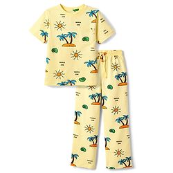 Pine Kids Cotton Knit Half Sleeves T-Shirt & Pyjama Co-ord Night Suit with Tree Print - Yellow