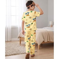 Pine Kids Cotton Knit Half Sleeves T-Shirt & Pyjama Co-ord Night Suit with Tree Print - Yellow