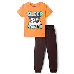 Pine Kids Cotton Knit Half Sleeves T-Shirt & Pyjama Night Suit With Panda & Text Print - Orange & Black