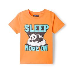 Pine Kids Cotton Knit Half Sleeves T-Shirt & Pyjama Night Suit With Panda & Text Print - Orange & Black