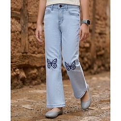 Pine Kids Denim Woven Full Length Butterfly Embroidered Washed Jeans - Blue