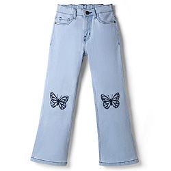 Pine Kids Denim Woven Full Length Butterfly Embroidered Washed Jeans - Blue