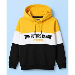 Pine Kids 100% Cotton Knit Full Sleeves Text Printed Hooded Sweatshirt - Yellow Black & White