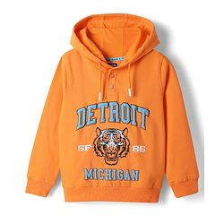 Pine Kids Cotton Knit Full Sleeves Hooded Sweatshirt With Tiger Print - Orange