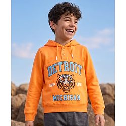 Pine Kids Cotton Knit Full Sleeves Hooded Sweatshirt With Tiger Print - Orange