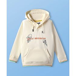 Pine Kids Cotton Knit Full Sleeves Hooded Sweatshirt with Front & Back Jellyfish Print & Kangaroo Pockets - Off White