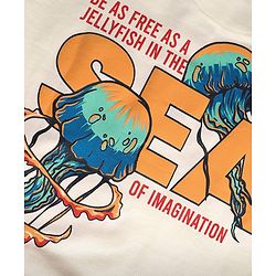 Pine Kids Cotton Knit Full Sleeves Hooded Sweatshirt with Front & Back Jellyfish Print & Kangaroo Pockets - Off White
