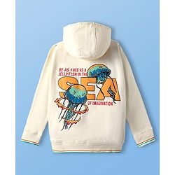 Pine Kids Cotton Knit Full Sleeves Hooded Sweatshirt with Front & Back Jellyfish Print & Kangaroo Pockets - Off White