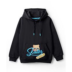 Pine Kids 100% Cotton Knit Full Sleeves Text & Bear Printed Hooded Sweatshirt With Kangaroo Pocket - Black